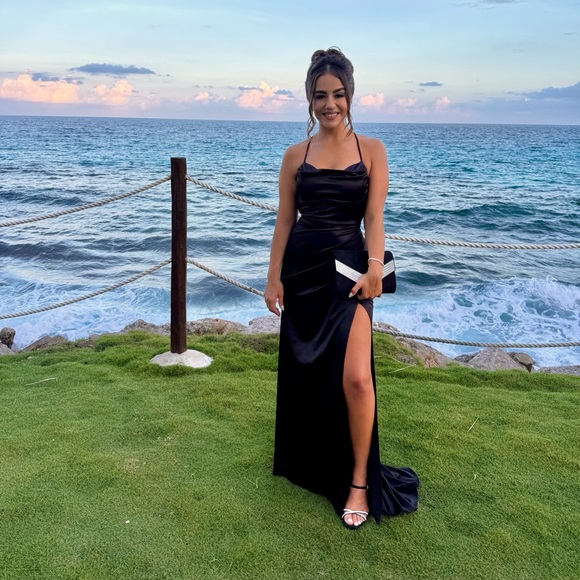 Formal Satin Lace-Up Mermaid Dress, Black - Picture 2 of 6